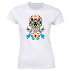 Half It Tops - Traditional Skull Mexico Skull T-Shirt Calavera Half It Tops - Traditional Skull Mexico Skull T-Shirt Calavera